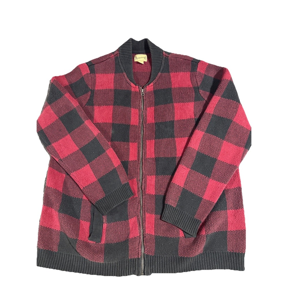 Roebuck & Co Mens Buffalo Plaid Full Zip Cardigan Sweater Red Black XL